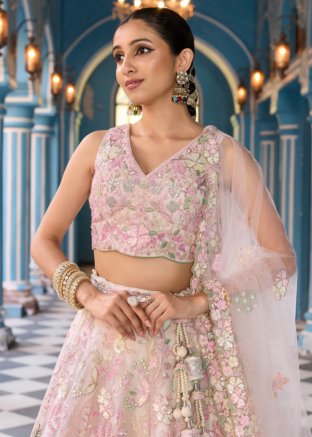 Buy Now Net Embroidered Cream Wedding Party Lehenga Choli Online in US, UK, Canada, France, Italy, Germany, Sweden, Greece, UAE, Denmark & Worldwide at Empress.