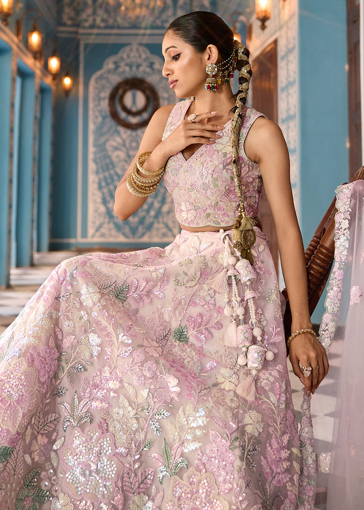 Buy Now Net Embroidered Cream Wedding Party Lehenga Choli Online in US, UK, Canada, France, Italy, Germany, Sweden, Greece, UAE, Denmark & Worldwide at Empress.