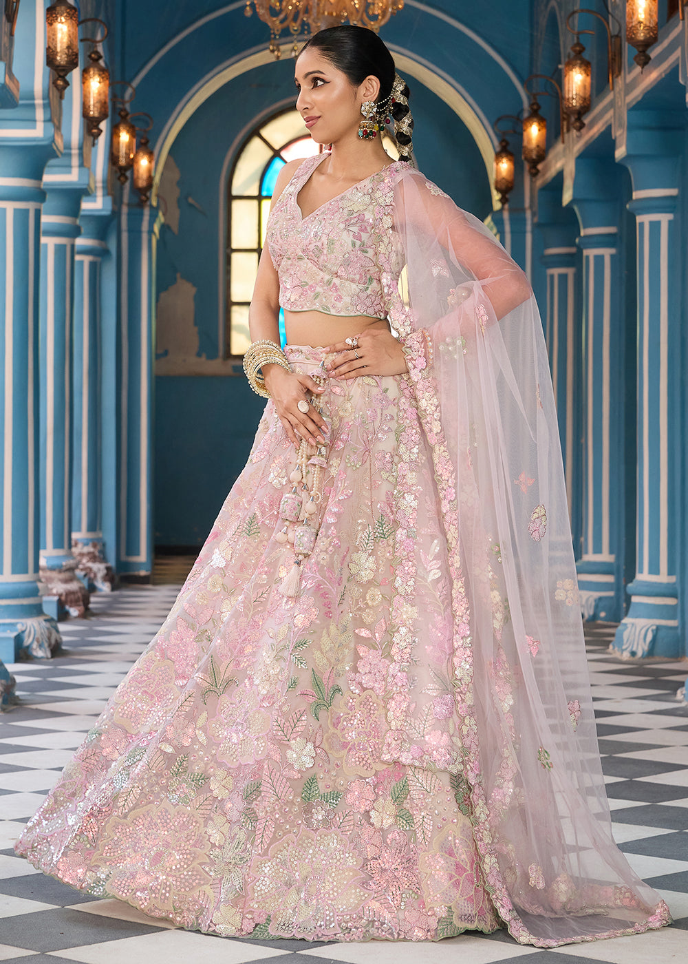 Buy Now Net Embroidered Cream Wedding Party Lehenga Choli Online in US, UK, Canada, France, Italy, Germany, Sweden, Greece, UAE, Denmark & Worldwide at Empress.