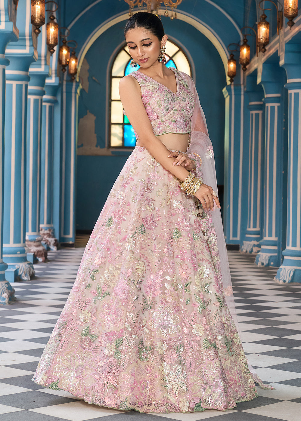 Buy Now Net Embroidered Cream Wedding Party Lehenga Choli Online in US, UK, Canada, France, Italy, Germany, Sweden, Greece, UAE, Denmark & Worldwide at Empress.