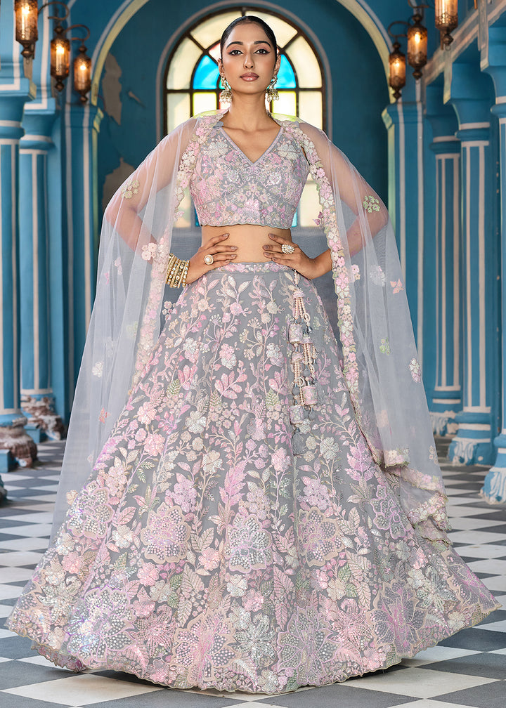 Buy Now Net Embroidered Grey Wedding Party Lehenga Choli Online in US, UK, Canada, France, Italy, Germany, Sweden, Greece, UAE, Denmark & Worldwide at Empress.