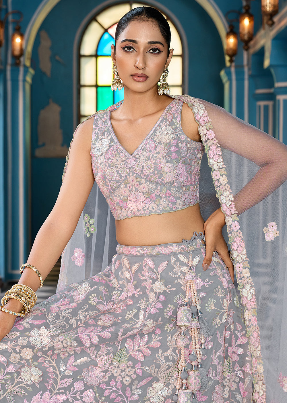 Buy Now Net Embroidered Grey Wedding Party Lehenga Choli Online in US, UK, Canada, France, Italy, Germany, Sweden, Greece, UAE, Denmark & Worldwide at Empress.