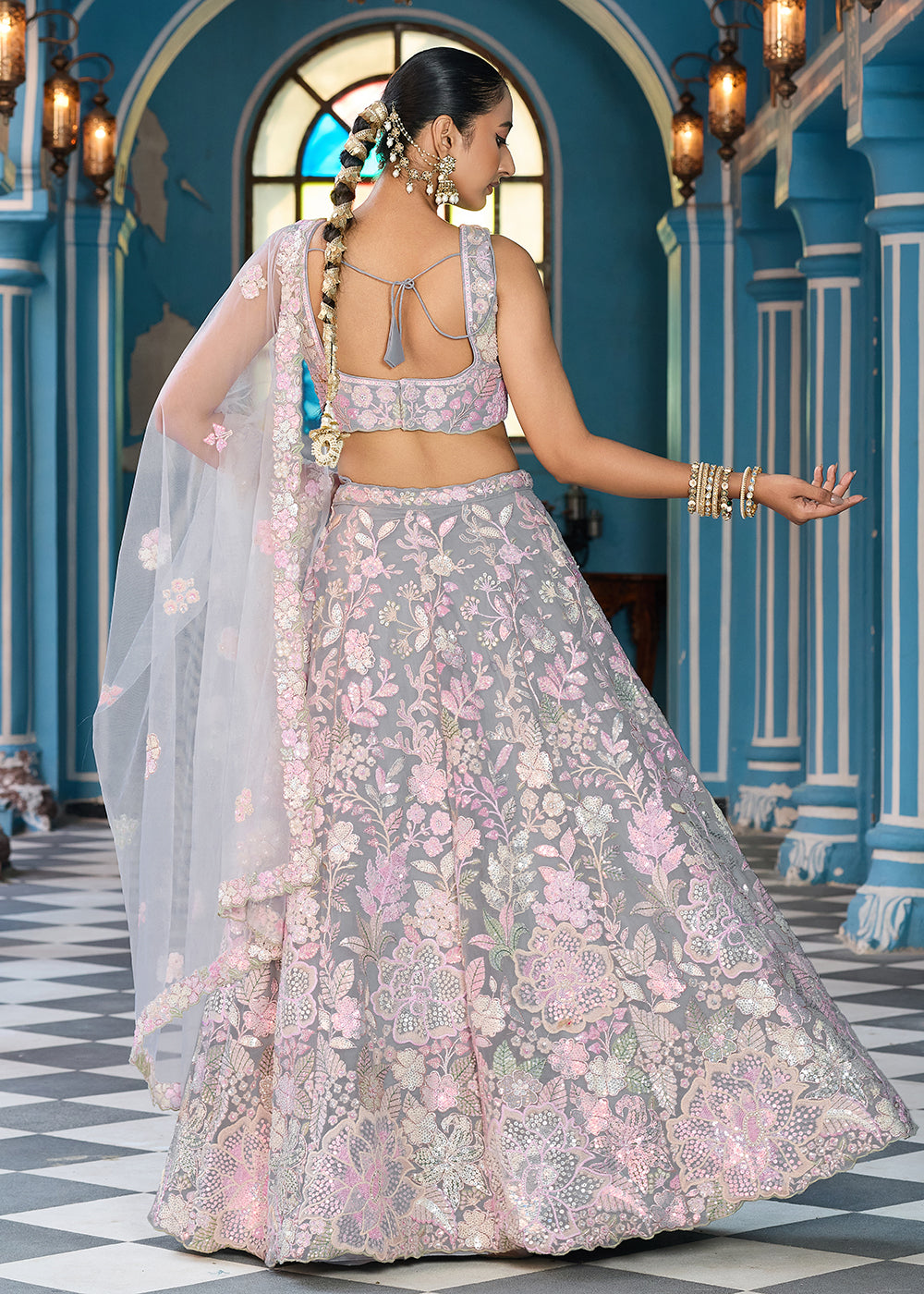 Buy Now Net Embroidered Grey Wedding Party Lehenga Choli Online in US, UK, Canada, France, Italy, Germany, Sweden, Greece, UAE, Denmark & Worldwide at Empress.