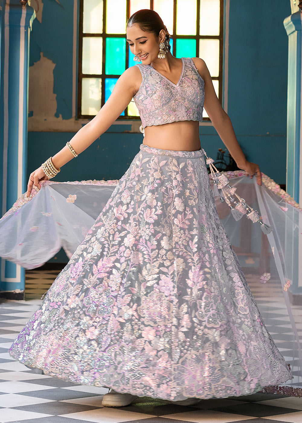 Buy Now Net Embroidered Grey Wedding Party Lehenga Choli Online in US, UK, Canada, France, Italy, Germany, Sweden, Greece, UAE, Denmark & Worldwide at Empress.
