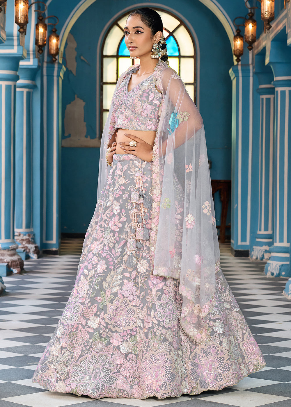 Buy Now Net Embroidered Grey Wedding Party Lehenga Choli Online in US, UK, Canada, France, Italy, Germany, Sweden, Greece, UAE, Denmark & Worldwide at Empress.