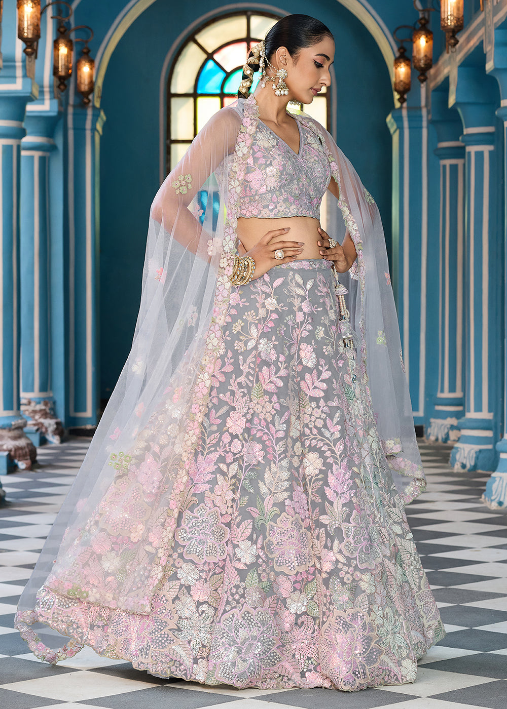Buy Now Net Embroidered Grey Wedding Party Lehenga Choli Online in US, UK, Canada, France, Italy, Germany, Sweden, Greece, UAE, Denmark & Worldwide at Empress.