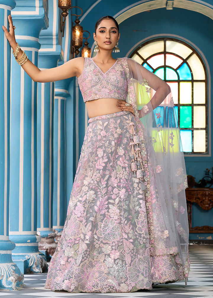 Buy Now Net Embroidered Grey Wedding Party Lehenga Choli Online in US, UK, Canada, France, Italy, Germany, Sweden, Greece, UAE, Denmark & Worldwide at Empress.