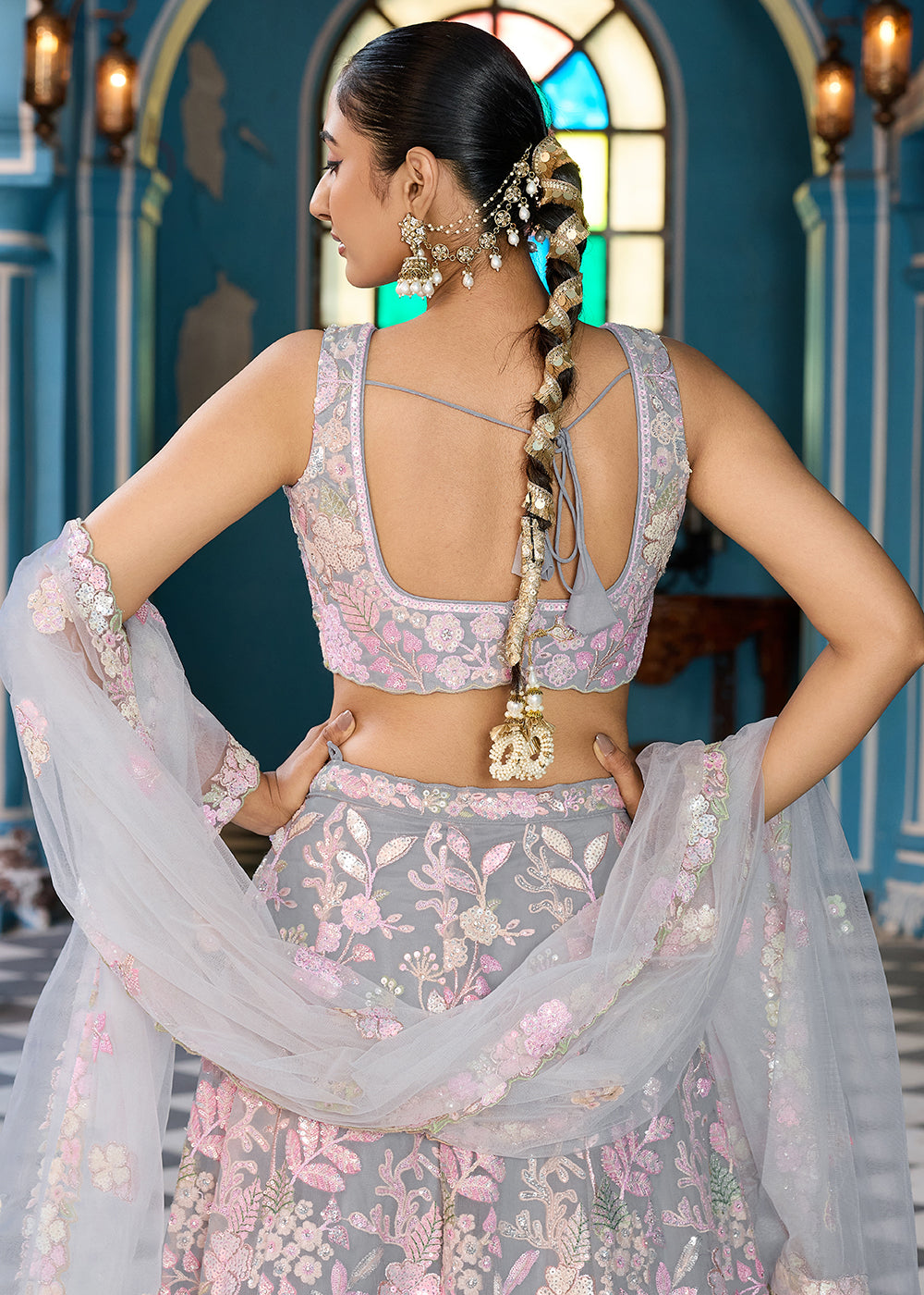 Buy Now Net Embroidered Grey Wedding Party Lehenga Choli Online in US, UK, Canada, France, Italy, Germany, Sweden, Greece, UAE, Denmark & Worldwide at Empress.