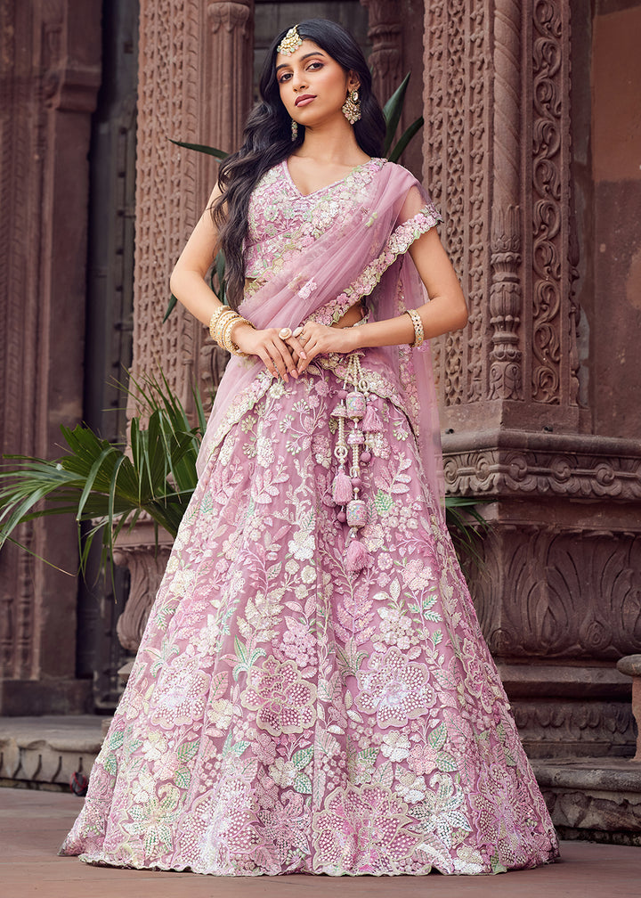 Buy Now Net Embroidered Pink Wedding Party Lehenga Choli Online in US, UK, Canada, France, Italy, Germany, Sweden, Greece, UAE, Denmark & Worldwide at Empress.