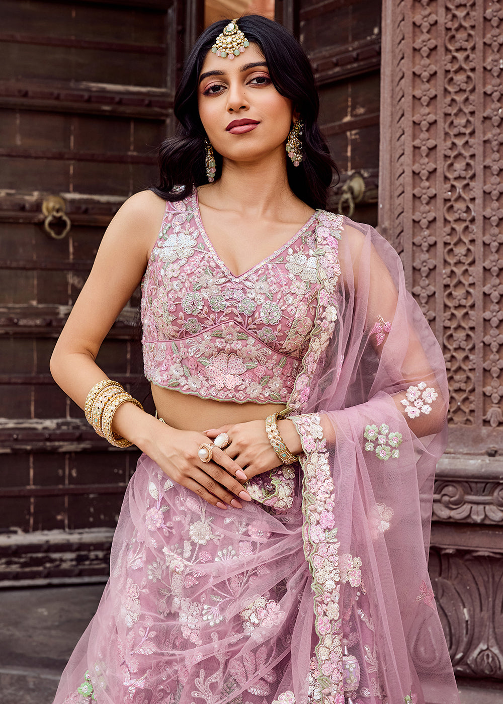 Buy Now Net Embroidered Pink Wedding Party Lehenga Choli Online in US, UK, Canada, France, Italy, Germany, Sweden, Greece, UAE, Denmark & Worldwide at Empress.