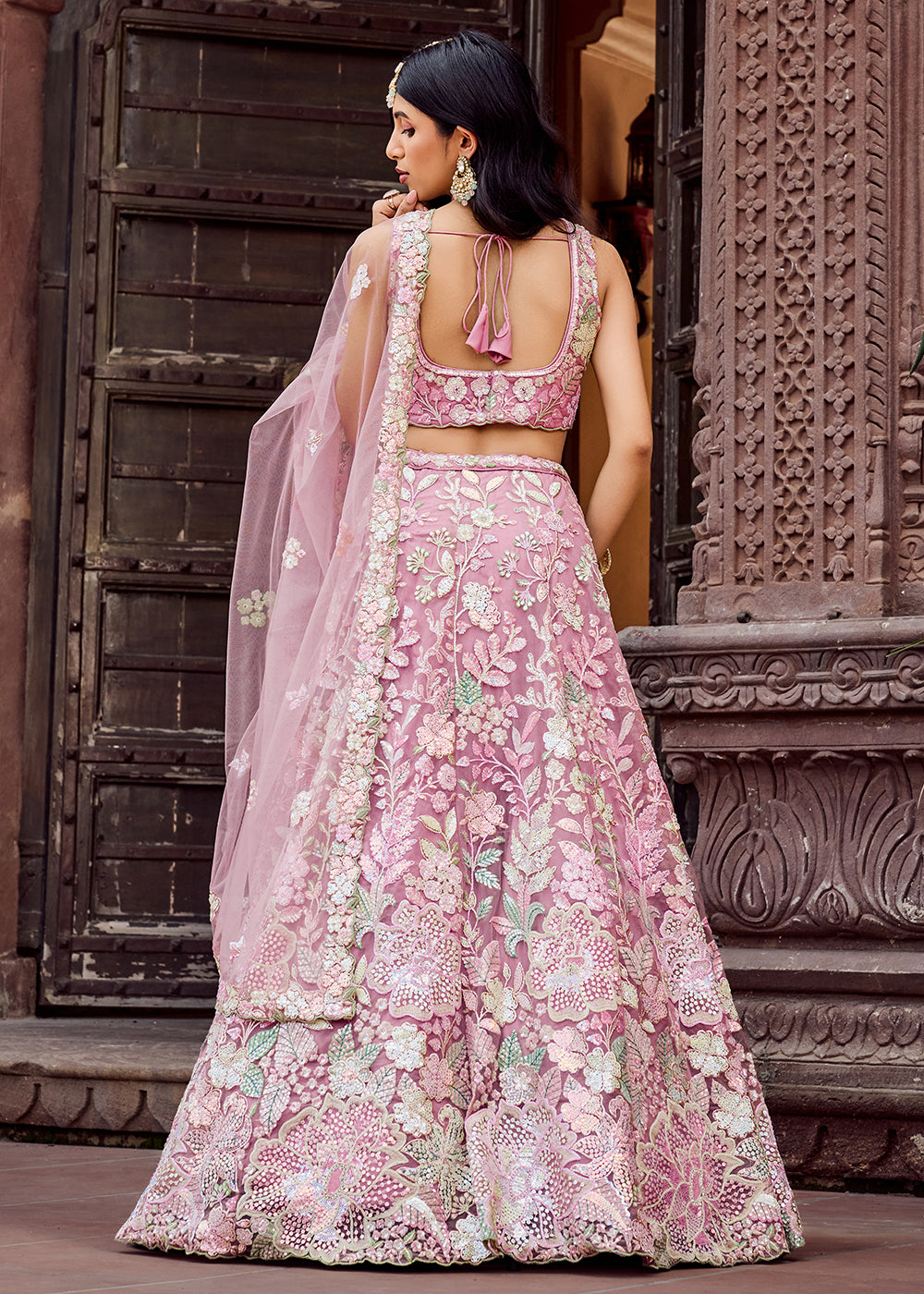 Buy Now Net Embroidered Pink Wedding Party Lehenga Choli Online in US, UK, Canada, France, Italy, Germany, Sweden, Greece, UAE, Denmark & Worldwide at Empress.