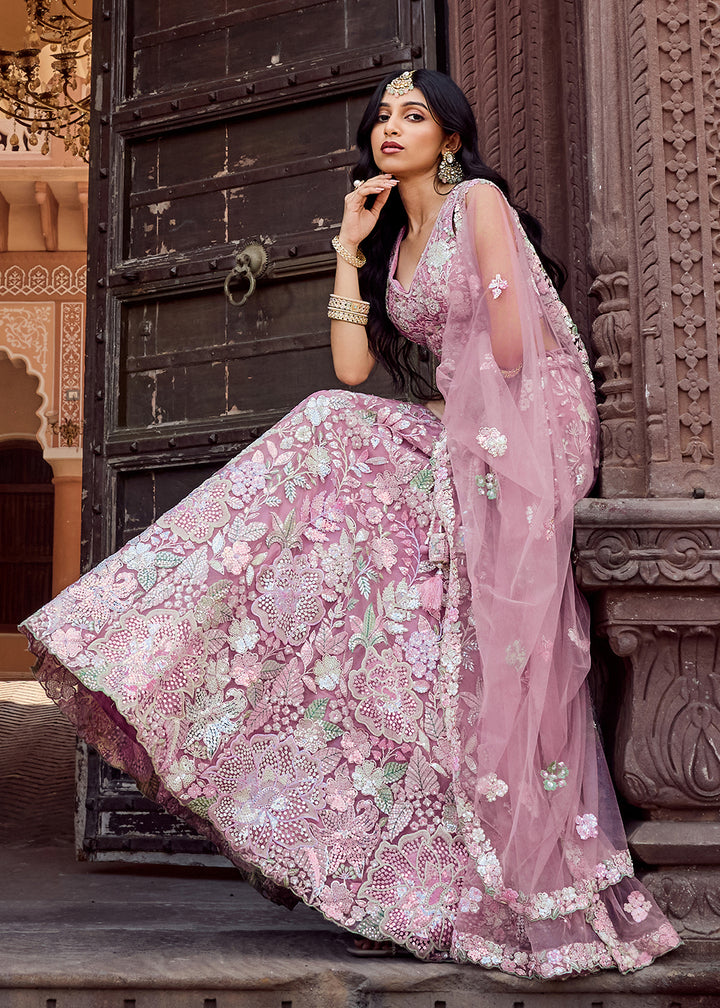 Buy Now Net Embroidered Pink Wedding Party Lehenga Choli Online in US, UK, Canada, France, Italy, Germany, Sweden, Greece, UAE, Denmark & Worldwide at Empress.