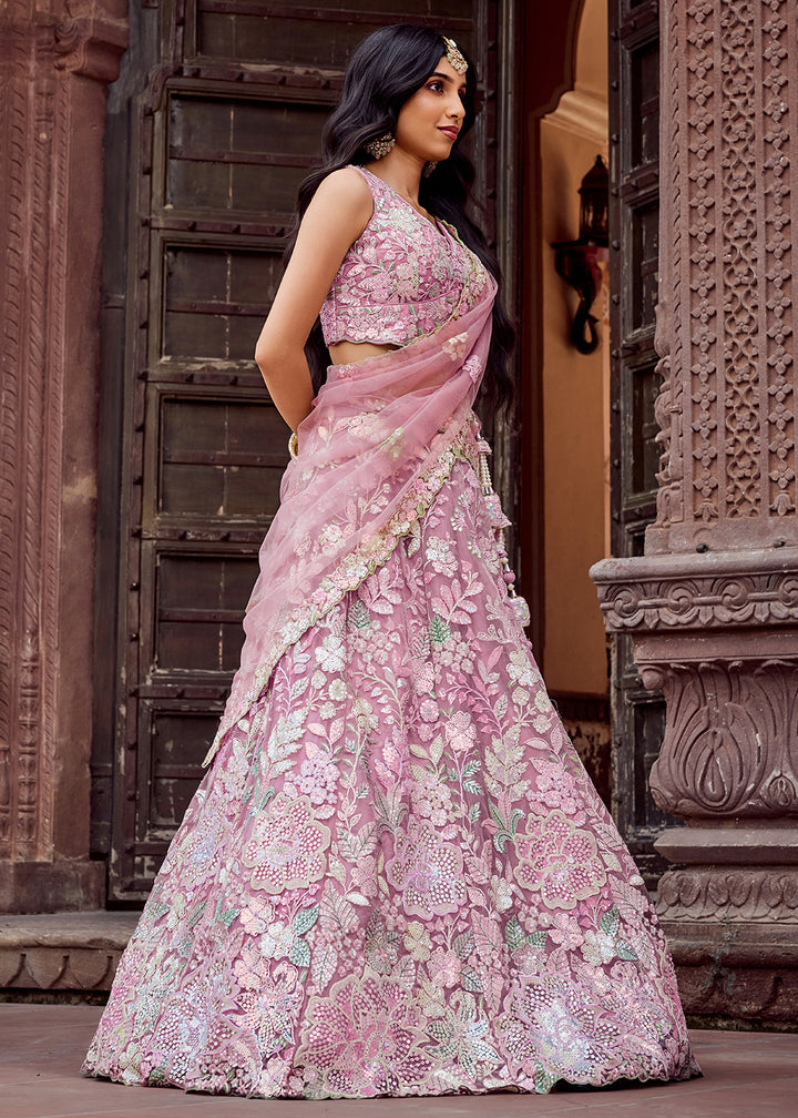 Buy Now Net Embroidered Pink Wedding Party Lehenga Choli Online in US, UK, Canada, France, Italy, Germany, Sweden, Greece, UAE, Denmark & Worldwide at Empress.