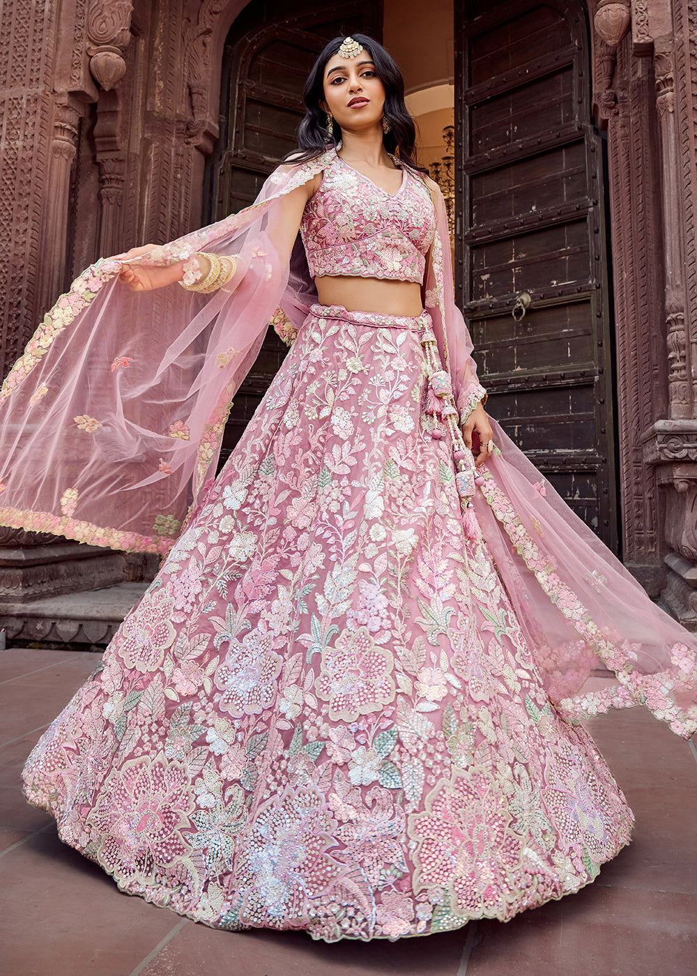 Buy Now Net Embroidered Pink Wedding Party Lehenga Choli Online in US, UK, Canada, France, Italy, Germany, Sweden, Greece, UAE, Denmark & Worldwide at Empress.
