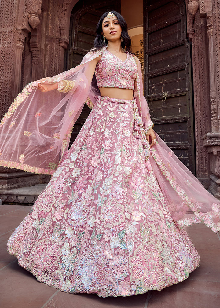 Buy Now Net Embroidered Pink Wedding Party Lehenga Choli Online in US, UK, Canada, France, Italy, Germany, Sweden, Greece, UAE, Denmark & Worldwide at Empress.