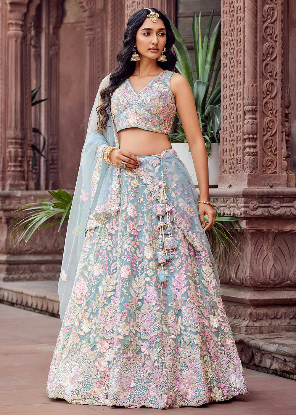 Buy Now Net Embroidered Blue Wedding Party Lehenga Choli Online in US, UK, Canada, France, Italy, Germany, Sweden, Greece, UAE, Denmark & Worldwide at Empress.