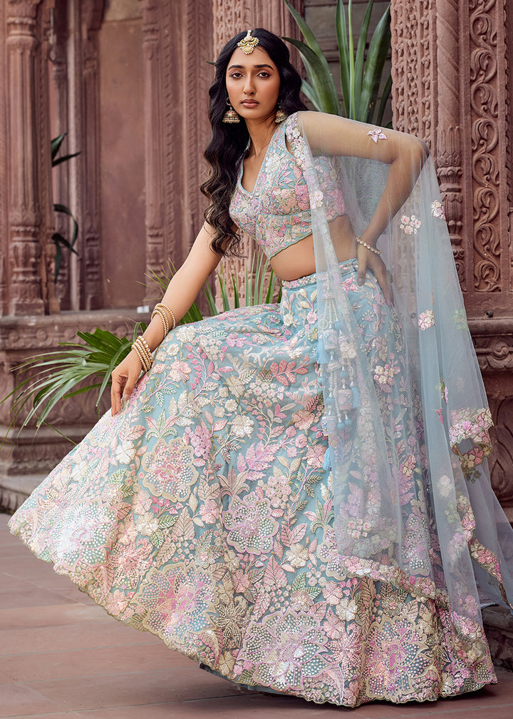 Buy Now Net Embroidered Blue Wedding Party Lehenga Choli Online in US, UK, Canada, France, Italy, Germany, Sweden, Greece, UAE, Denmark & Worldwide at Empress.