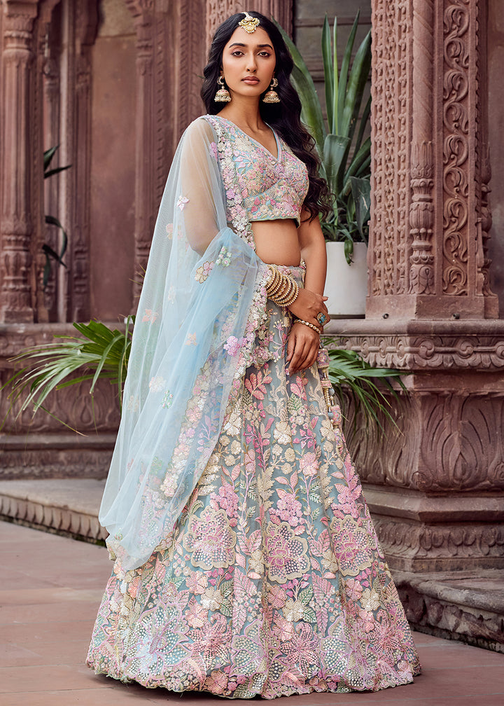 Buy Now Net Embroidered Blue Wedding Party Lehenga Choli Online in US, UK, Canada, France, Italy, Germany, Sweden, Greece, UAE, Denmark & Worldwide at Empress.