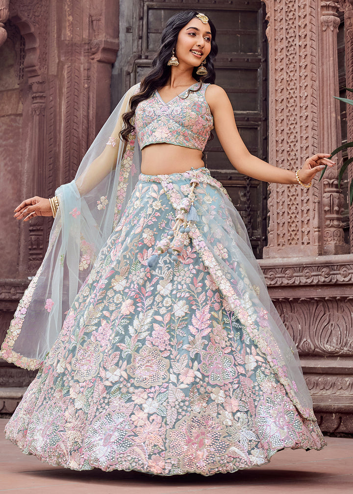 Buy Now Net Embroidered Blue Wedding Party Lehenga Choli Online in US, UK, Canada, France, Italy, Germany, Sweden, Greece, UAE, Denmark & Worldwide at Empress.