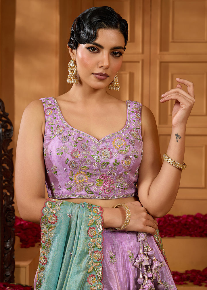 Buy Now Designer Party Lavender Satin Silk Lehenga Choli Online in US, UK, Canada, France, Italy, Germany, Sweden, Denmark, Greece, UAE & Worldwide at Empress.