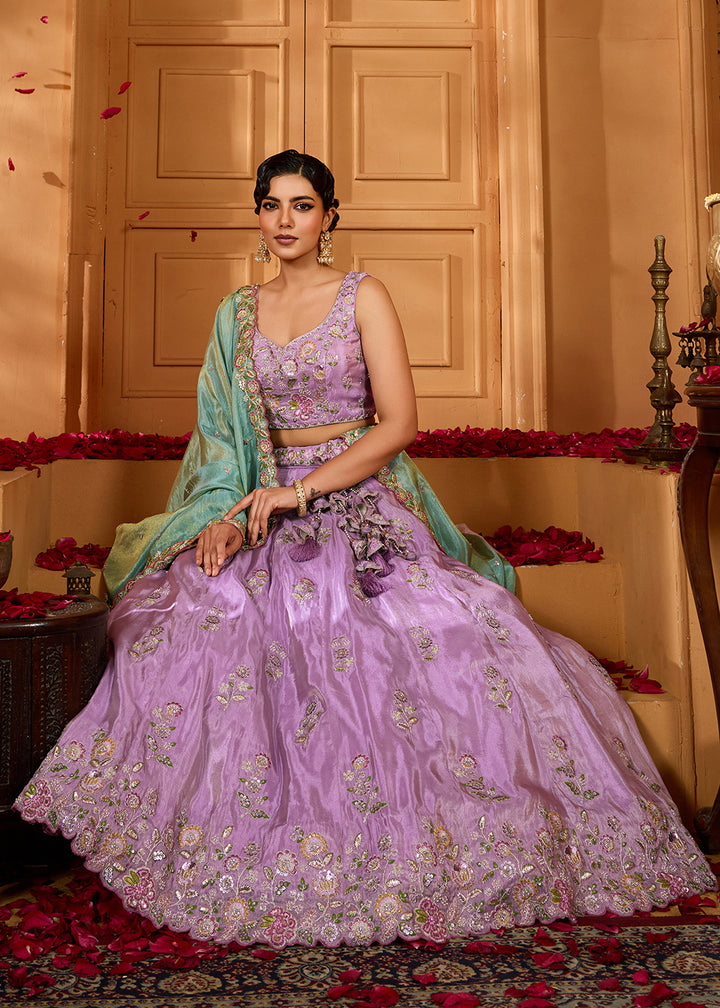Buy Now Designer Party Lavender Satin Silk Lehenga Choli Online in US, UK, Canada, France, Italy, Germany, Sweden, Denmark, Greece, UAE & Worldwide at Empress.