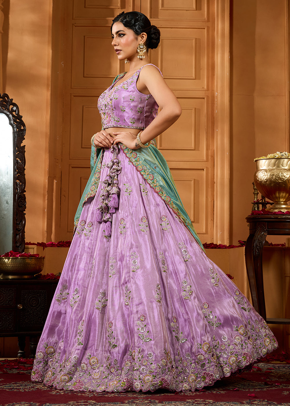 Buy Now Designer Party Lavender Satin Silk Lehenga Choli Online in US, UK, Canada, France, Italy, Germany, Sweden, Denmark, Greece, UAE & Worldwide at Empress.