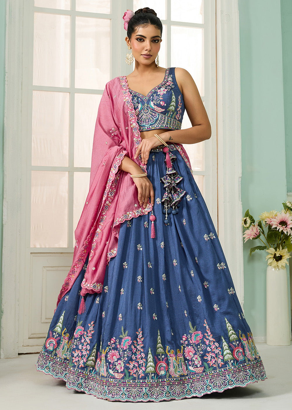 Buy Now Blue Vichitra Silk Embroidered Festive Lehenga Choli Online in US, UK, Canada, France, Italy, Germany, Sweden, Denmark, Greece & Worldwide at Empress.