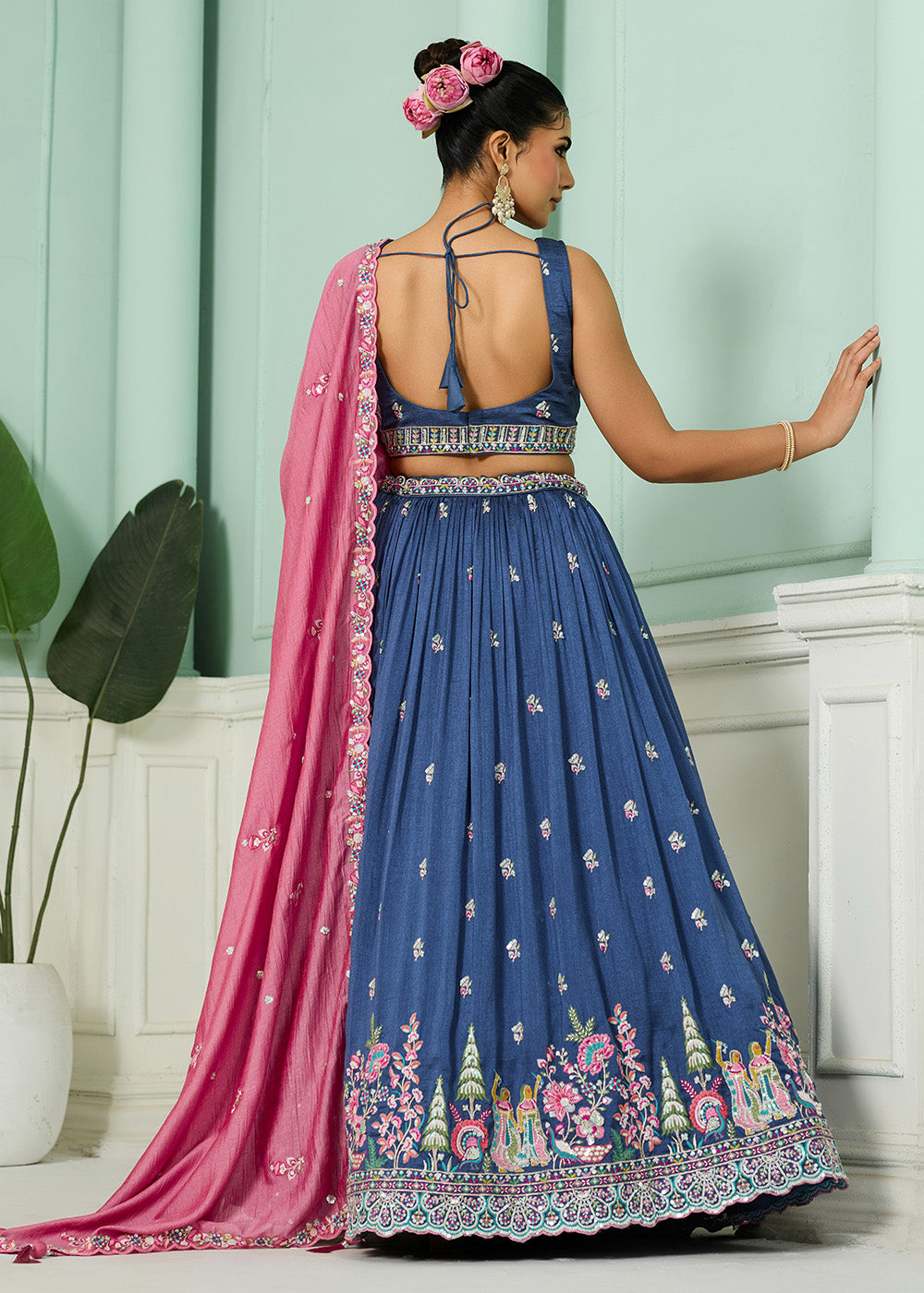 Buy Now Blue Vichitra Silk Embroidered Festive Lehenga Choli Online in US, UK, Canada, France, Italy, Germany, Sweden, Denmark, Greece & Worldwide at Empress.