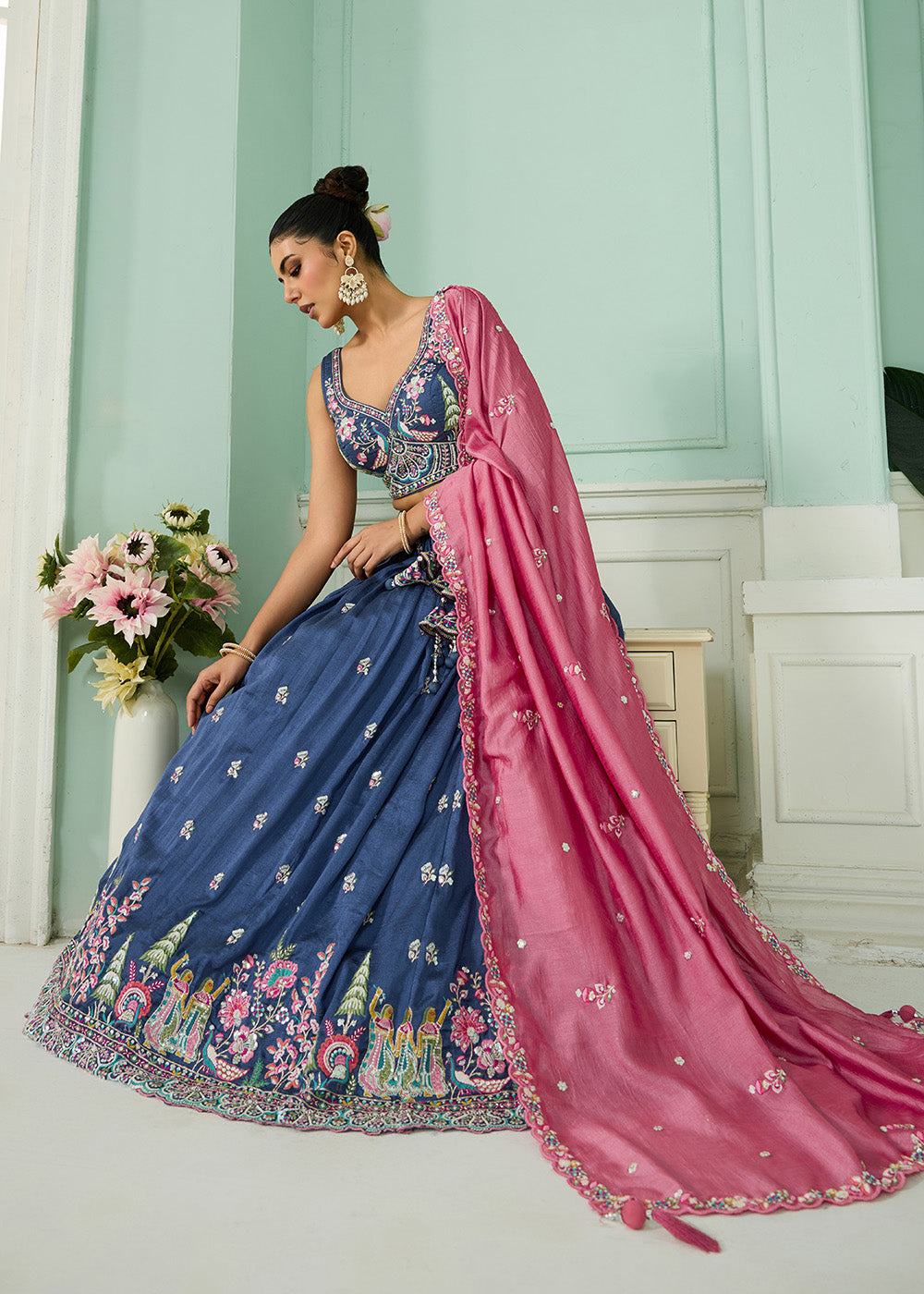 Buy Now Blue Vichitra Silk Embroidered Festive Lehenga Choli Online in US, UK, Canada, France, Italy, Germany, Sweden, Denmark, Greece & Worldwide at Empress.