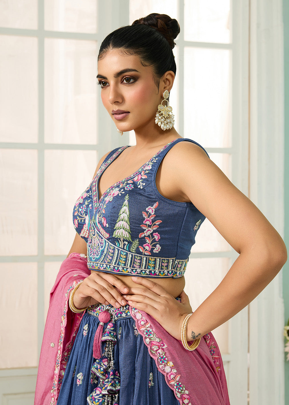 Buy Now Blue Vichitra Silk Embroidered Festive Lehenga Choli Online in US, UK, Canada, France, Italy, Germany, Sweden, Denmark, Greece & Worldwide at Empress.