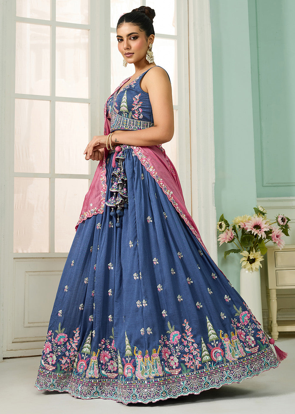 Buy Now Blue Vichitra Silk Embroidered Festive Lehenga Choli Online in US, UK, Canada, France, Italy, Germany, Sweden, Denmark, Greece & Worldwide at Empress.