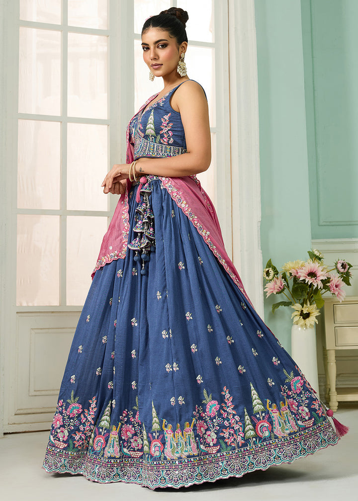 Buy Now Blue Vichitra Silk Embroidered Festive Lehenga Choli Online in US, UK, Canada, France, Italy, Germany, Sweden, Denmark, Greece & Worldwide at Empress.