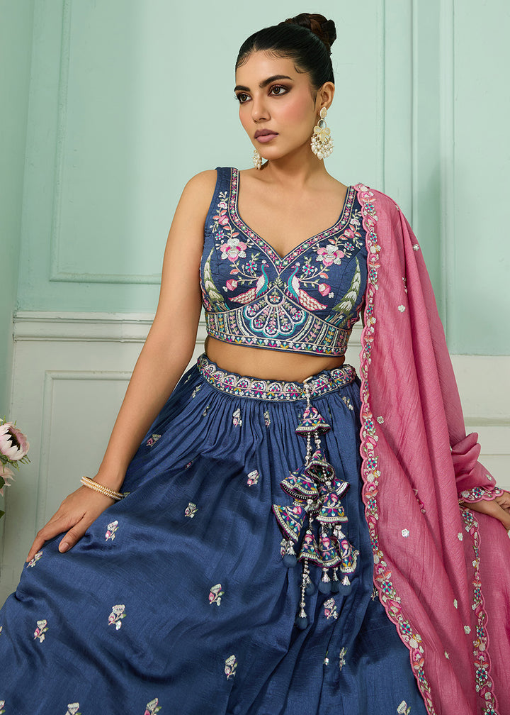 Buy Now Blue Vichitra Silk Embroidered Festive Lehenga Choli Online in US, UK, Canada, France, Italy, Germany, Sweden, Denmark, Greece & Worldwide at Empress.
