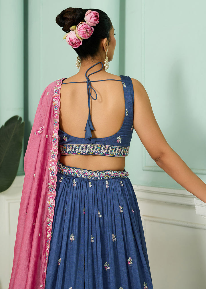 Buy Now Blue Vichitra Silk Embroidered Festive Lehenga Choli Online in US, UK, Canada, France, Italy, Germany, Sweden, Denmark, Greece & Worldwide at Empress.