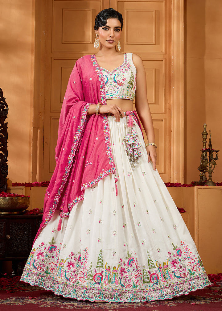 Buy Now Cream Vichitra Silk Embroidered Festive Lehenga Choli Online in US, UK, Canada, France, Italy, Germany, Sweden, Denmark, Greece & Worldwide at Empress.