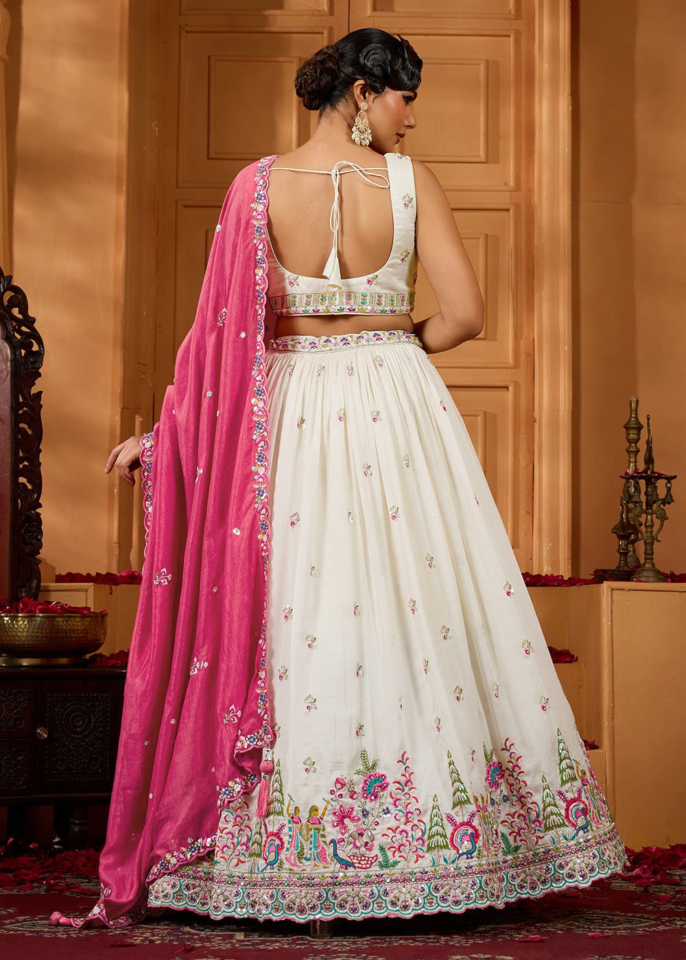 Buy Now Cream Vichitra Silk Embroidered Festive Lehenga Choli Online in US, UK, Canada, France, Italy, Germany, Sweden, Denmark, Greece & Worldwide at Empress.