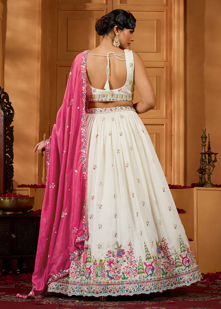 Buy Now Cream Vichitra Silk Embroidered Festive Lehenga Choli Online in US, UK, Canada, France, Italy, Germany, Sweden, Denmark, Greece & Worldwide at Empress.