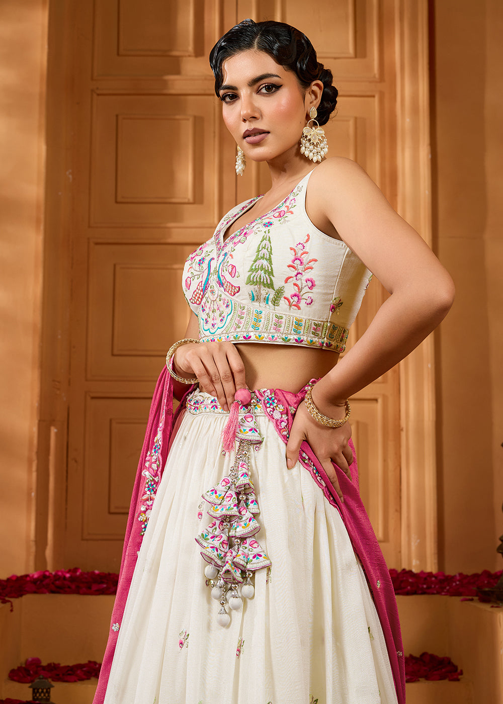 Cream Vichitra Silk Embroidered Festive Lehenga Choli