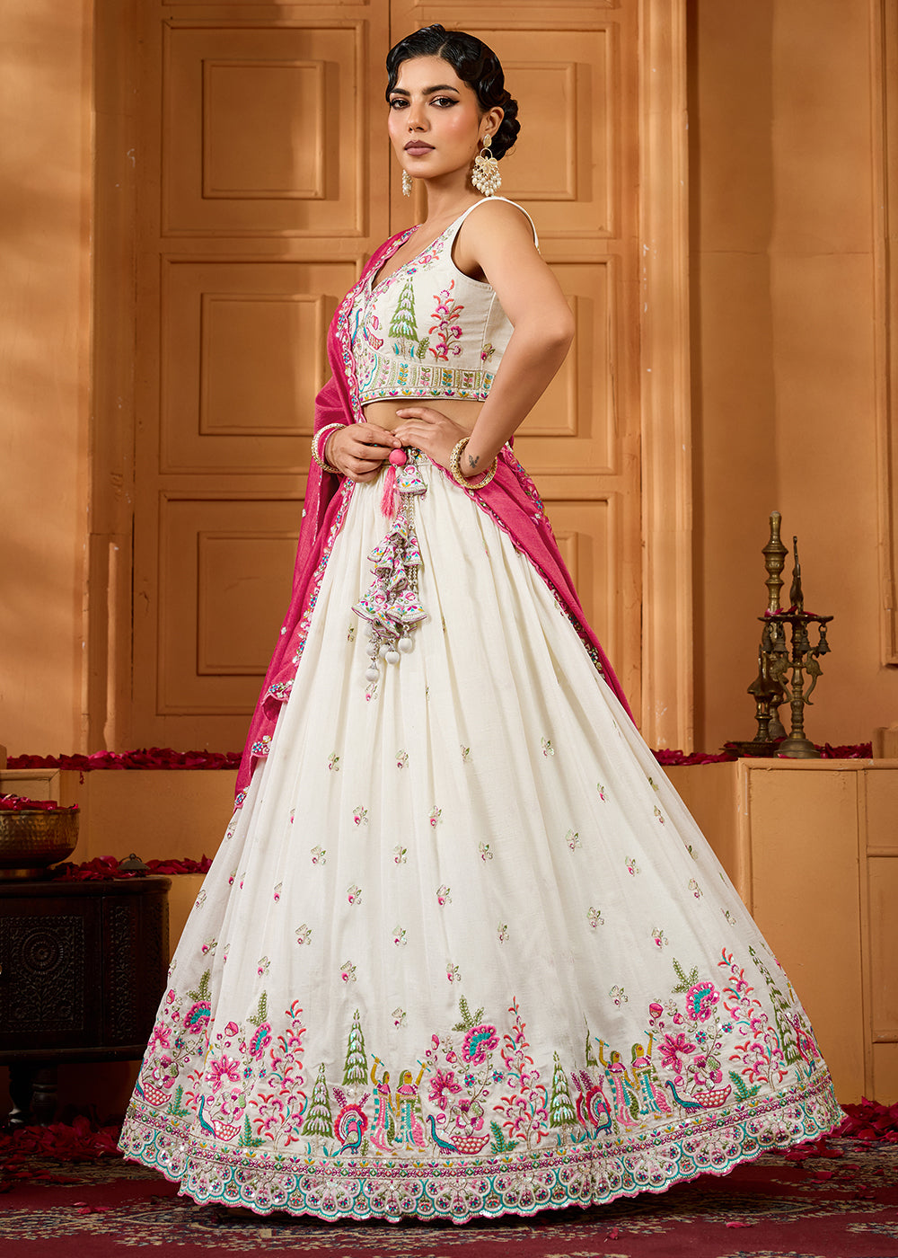 Buy Now Cream Vichitra Silk Embroidered Festive Lehenga Choli Online in US, UK, Canada, France, Italy, Germany, Sweden, Denmark, Greece & Worldwide at Empress.