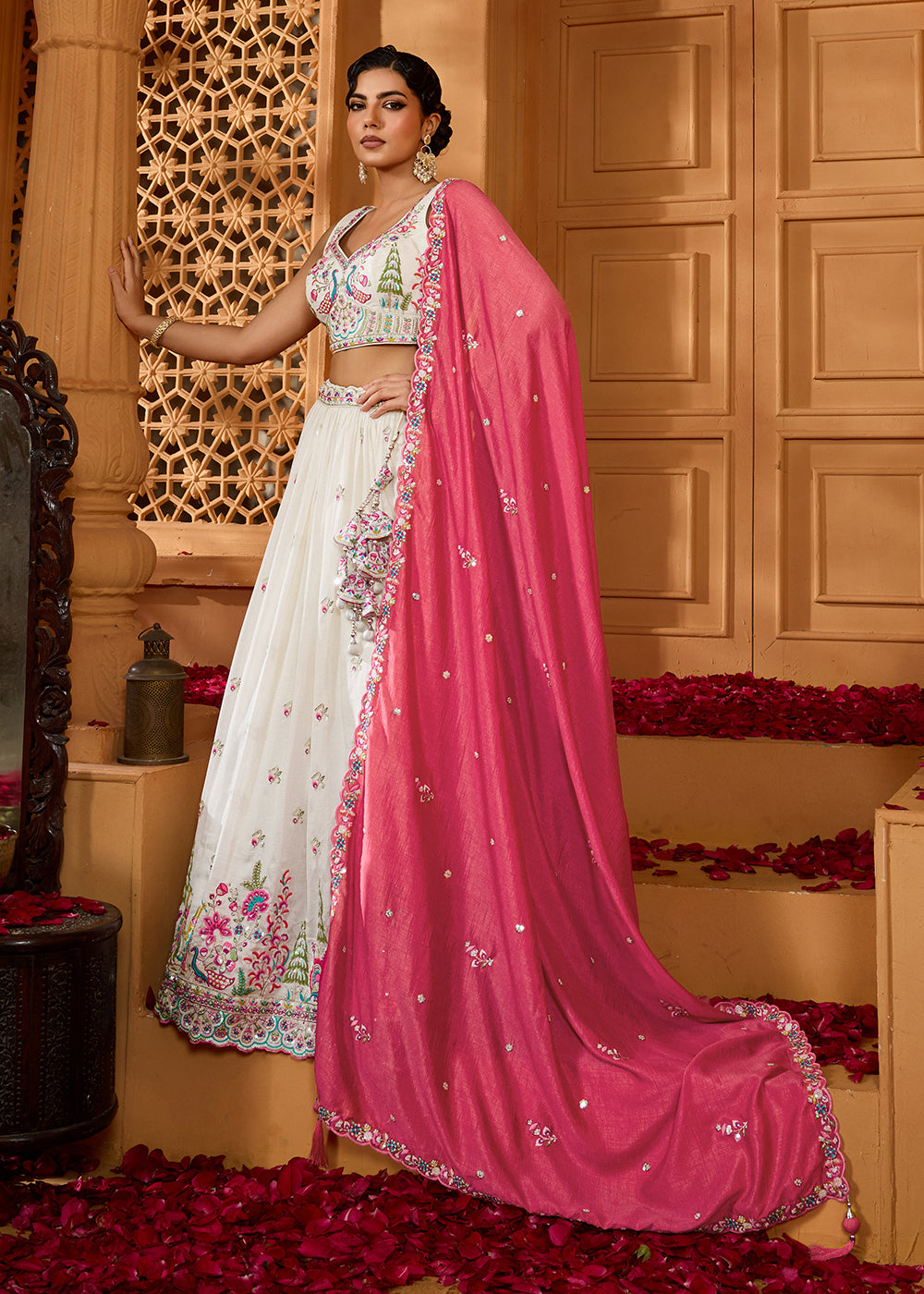 Buy Now Cream Vichitra Silk Embroidered Festive Lehenga Choli Online in US, UK, Canada, France, Italy, Germany, Sweden, Denmark, Greece & Worldwide at Empress.