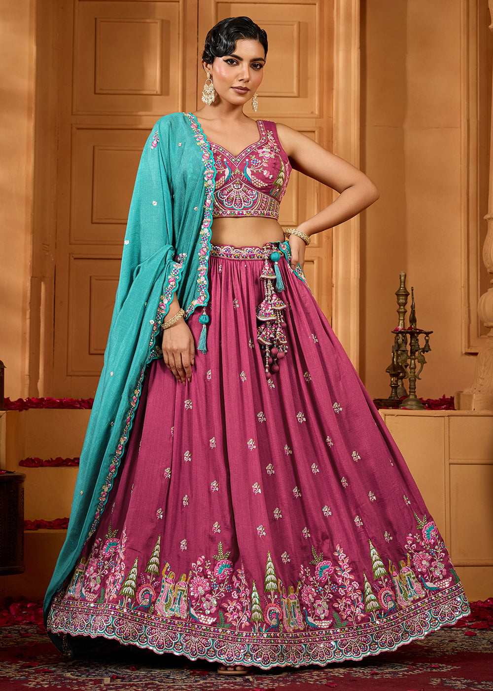 Buy Now Pink Vichitra Silk Embroidered Festive Lehenga Choli Online in US, UK, Canada, France, Italy, Germany, Sweden, Denmark, Greece & Worldwide at Empress.