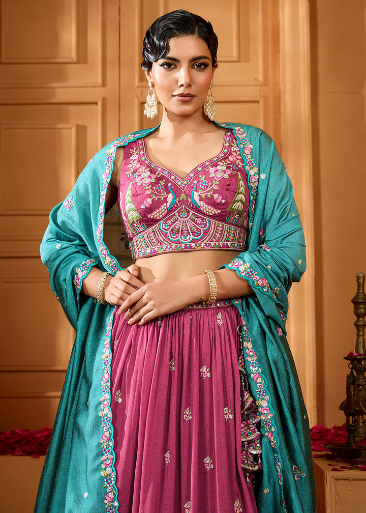 Buy Now Pink Vichitra Silk Embroidered Festive Lehenga Choli Online in US, UK, Canada, France, Italy, Germany, Sweden, Denmark, Greece & Worldwide at Empress.