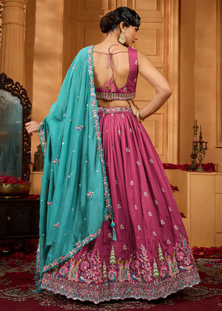 Buy Now Pink Vichitra Silk Embroidered Festive Lehenga Choli Online in US, UK, Canada, France, Italy, Germany, Sweden, Denmark, Greece & Worldwide at Empress.