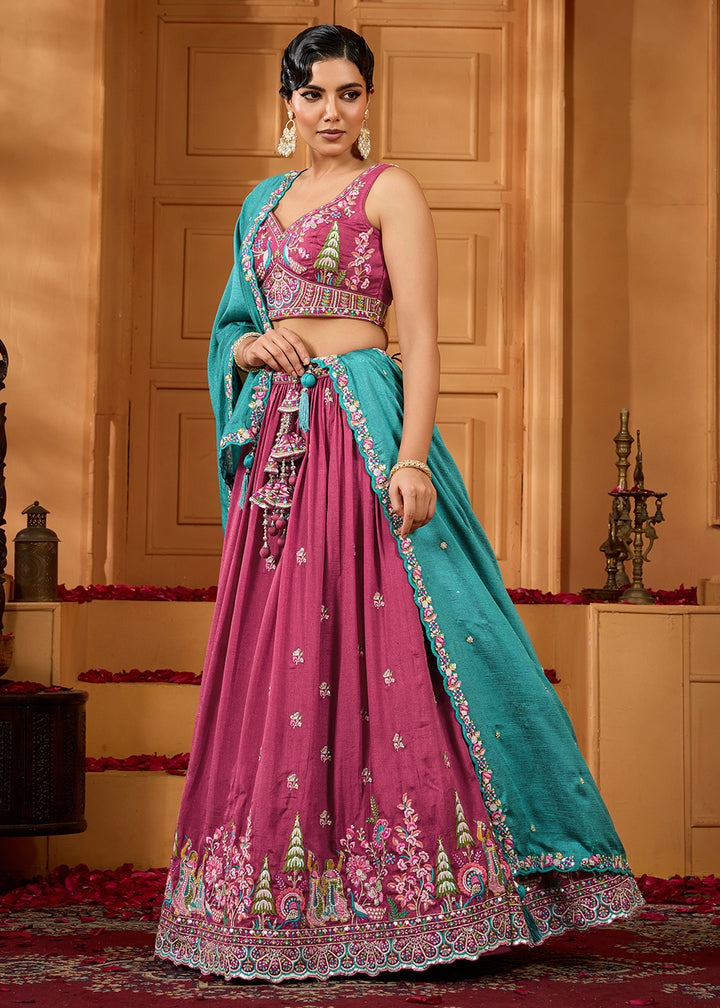 Buy Now Pink Vichitra Silk Embroidered Festive Lehenga Choli Online in US, UK, Canada, France, Italy, Germany, Sweden, Denmark, Greece & Worldwide at Empress.