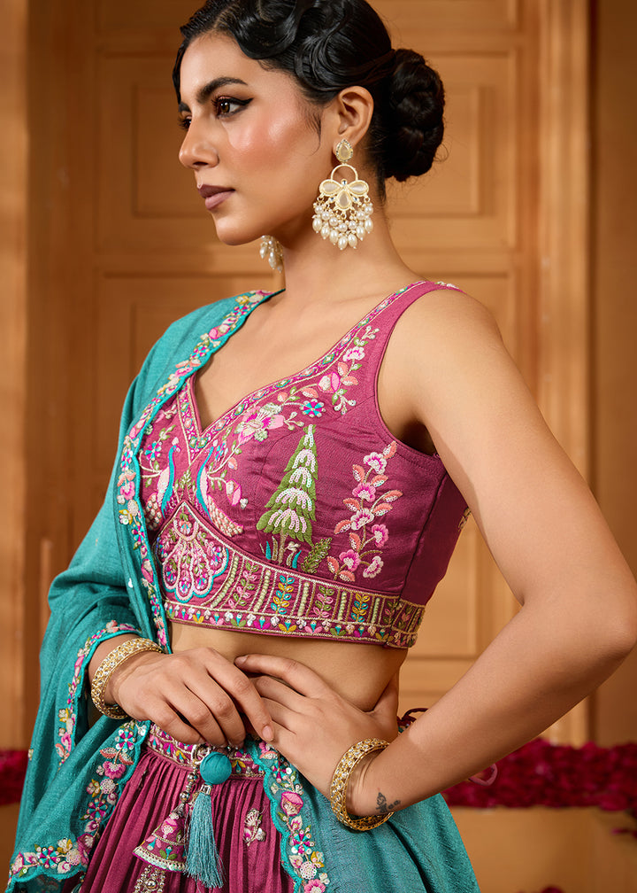 Buy Now Pink Vichitra Silk Embroidered Festive Lehenga Choli Online in US, UK, Canada, France, Italy, Germany, Sweden, Denmark, Greece & Worldwide at Empress.