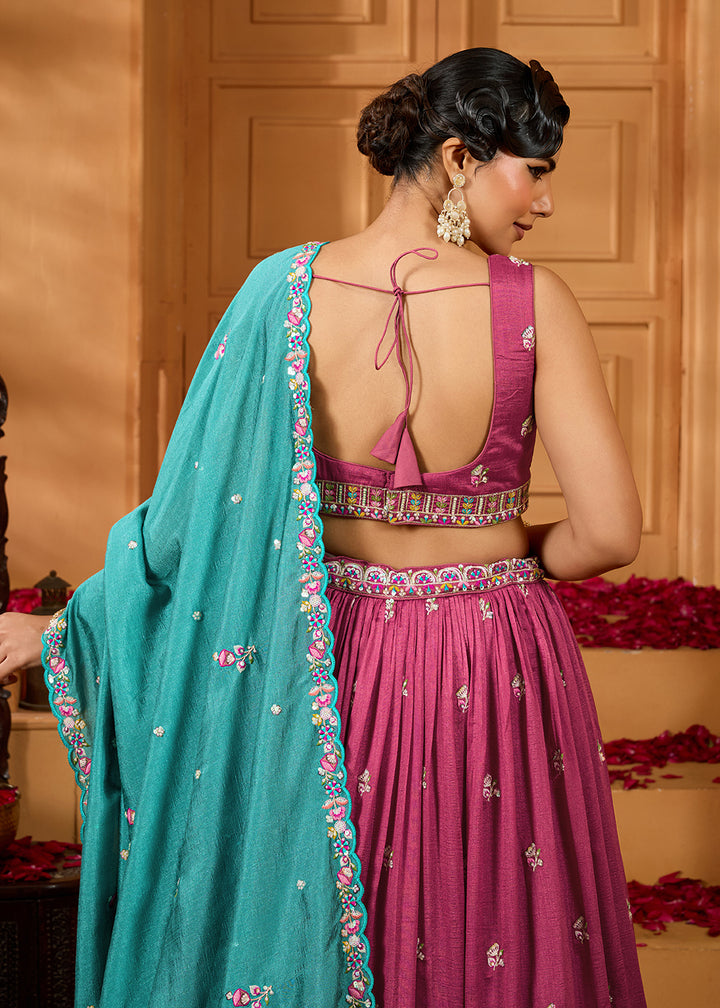 Buy Now Pink Vichitra Silk Embroidered Festive Lehenga Choli Online in US, UK, Canada, France, Italy, Germany, Sweden, Denmark, Greece & Worldwide at Empress.