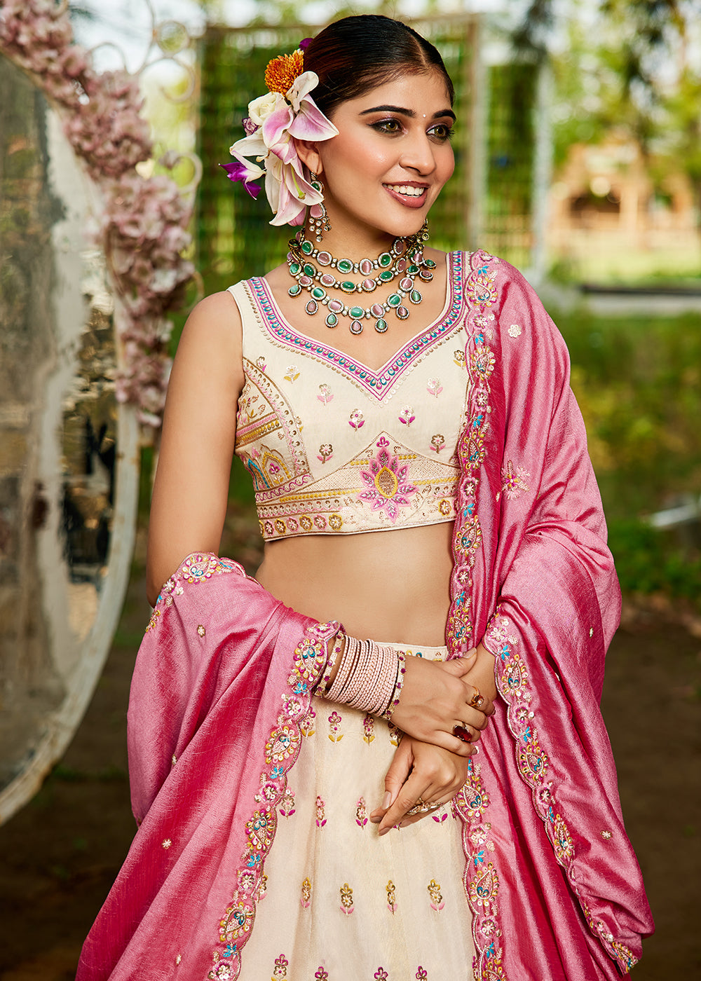 Buy Now Cream Tissue Fabric Embroidered Reception Lehenga Choli Online in USA, UK, Canada, France, Italy, Germany, Denmark, UAE & Worldwide at Empress Clothing.