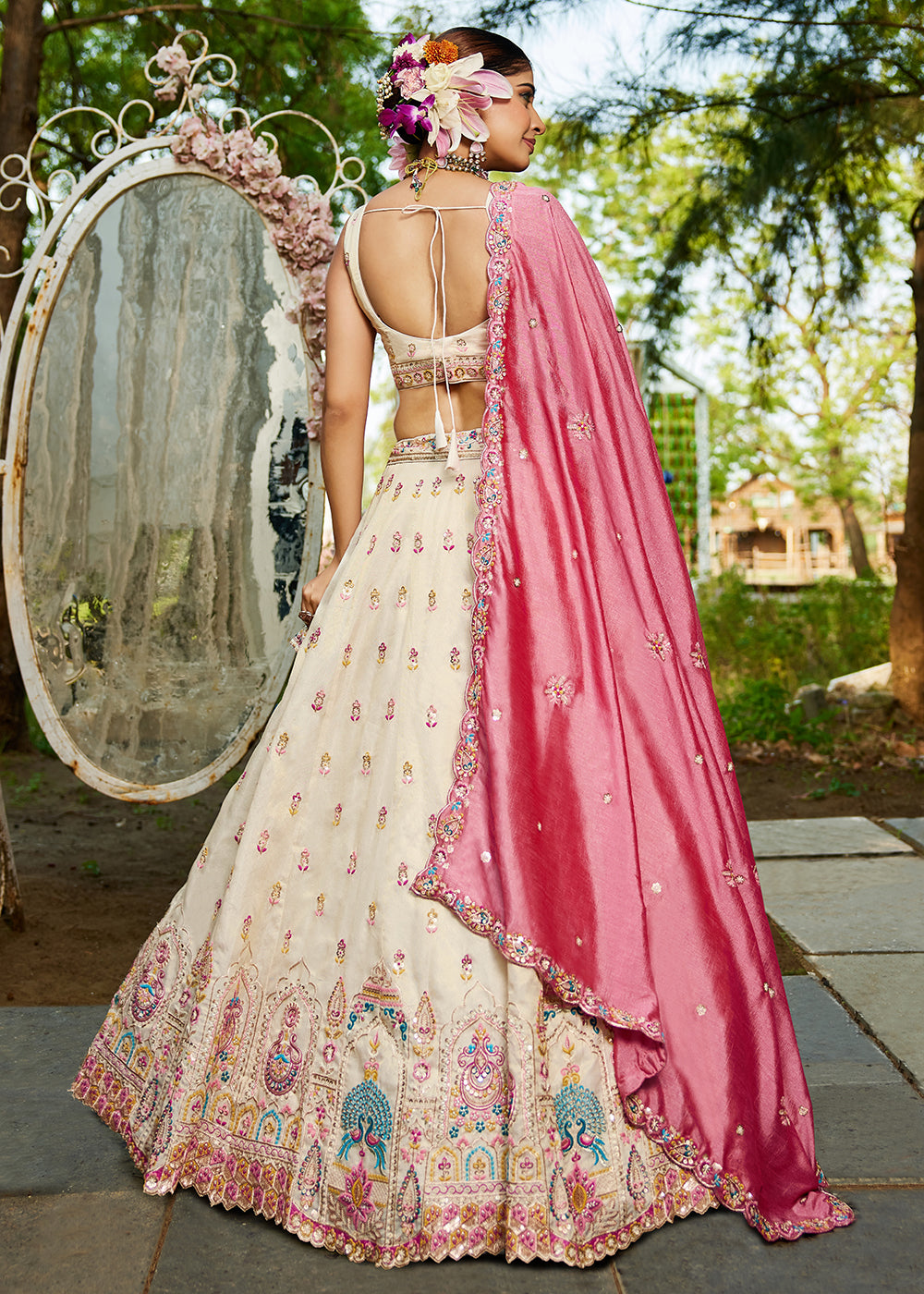 Buy Now Cream Tissue Fabric Embroidered Reception Lehenga Choli Online in USA, UK, Canada, France, Italy, Germany, Denmark, UAE & Worldwide at Empress Clothing.
