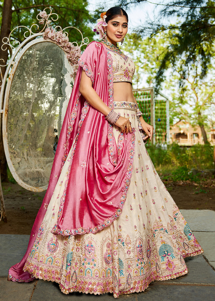 Buy Now Cream Tissue Fabric Embroidered Reception Lehenga Choli Online in USA, UK, Canada, France, Italy, Germany, Denmark, UAE & Worldwide at Empress Clothing.