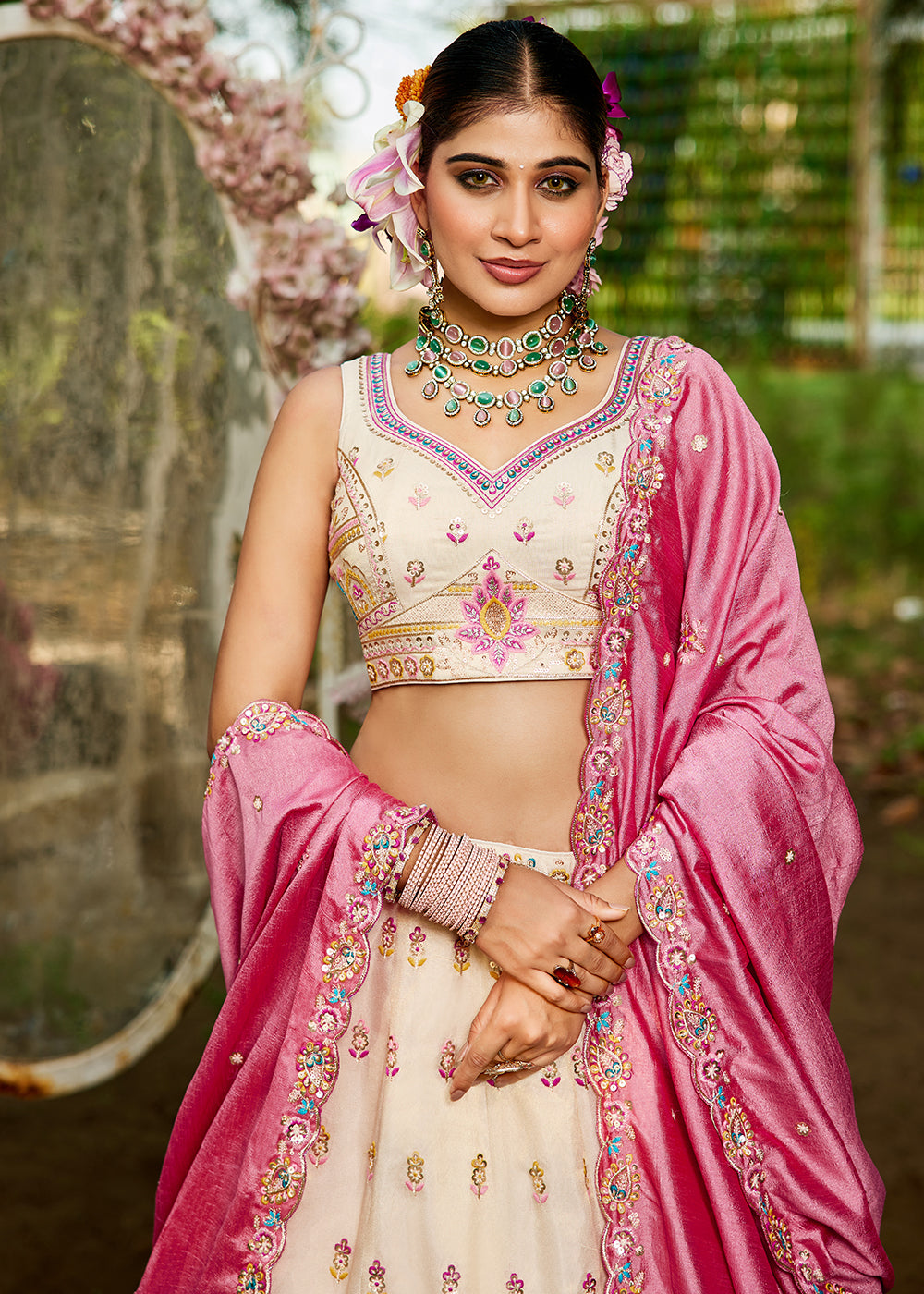 Buy Now Cream Tissue Fabric Embroidered Reception Lehenga Choli Online in USA, UK, Canada, France, Italy, Germany, Denmark, UAE & Worldwide at Empress Clothing.